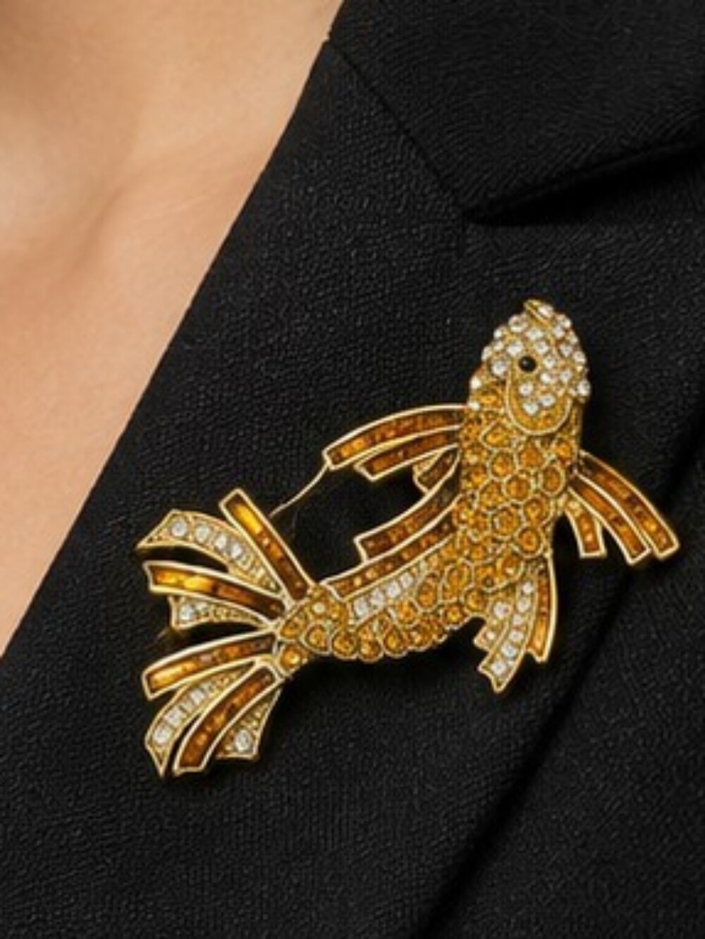 Vintage Koi Fish Brooch Gold Tone Amber & Clear Rhinestone Statement Pin